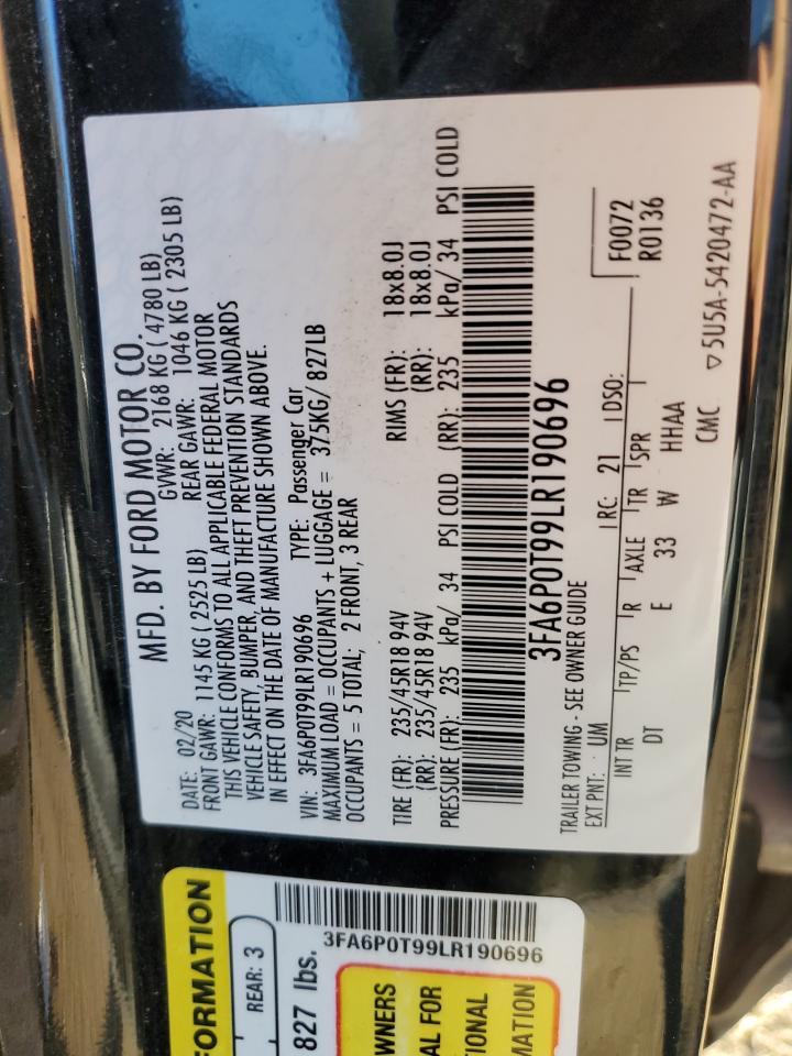 3FA6P0T99LR190696 FORD FUSION 2020