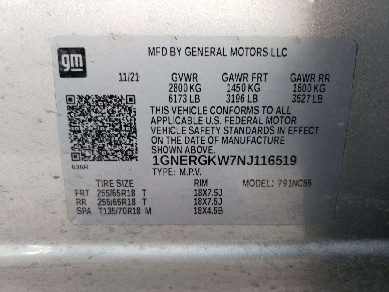 1GNERGKW7NJ116519 CHEVROLET TRAVERSE 2022