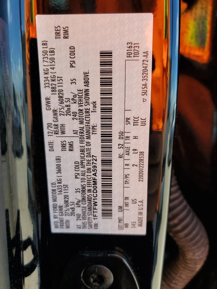 1FTFW1CD0MFA59727 FORD F-150 2021
