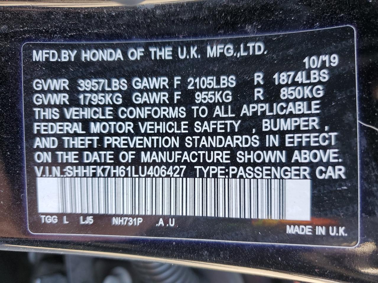 SHHFK7H61LU406427 HONDA CIVIC 2020