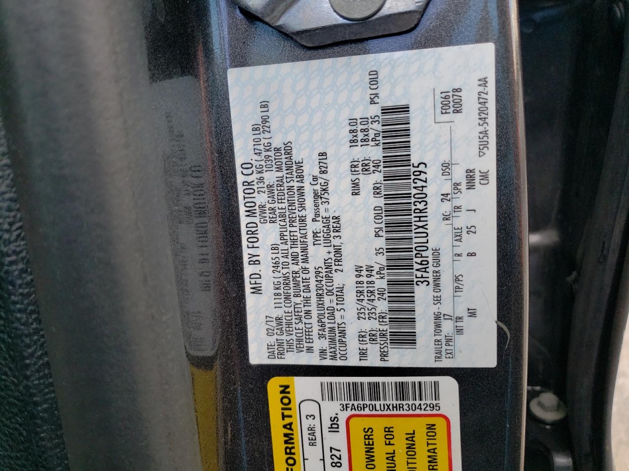 3FA6P0LUXHR304295 FORD FUSION 2017