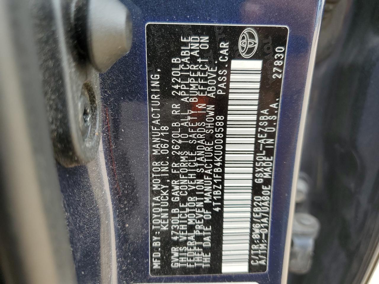 4T1BZ1FB4KU008588 TOYOTA AVALON 2019