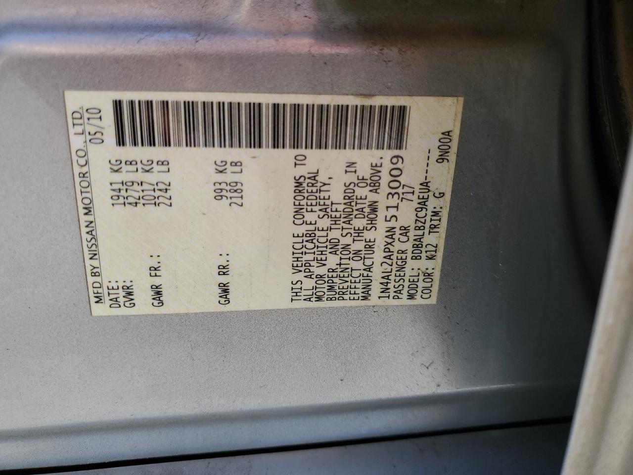 1N4AL2APXAN513009 2010 Nissan Altima Base