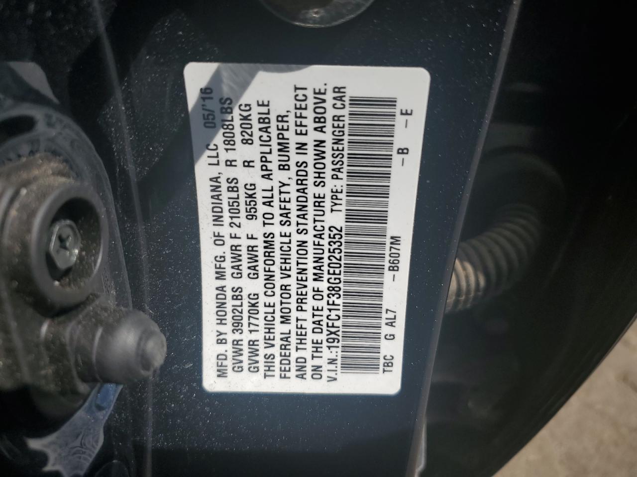 19XFC1F38GE025352 HONDA CIVIC 2016