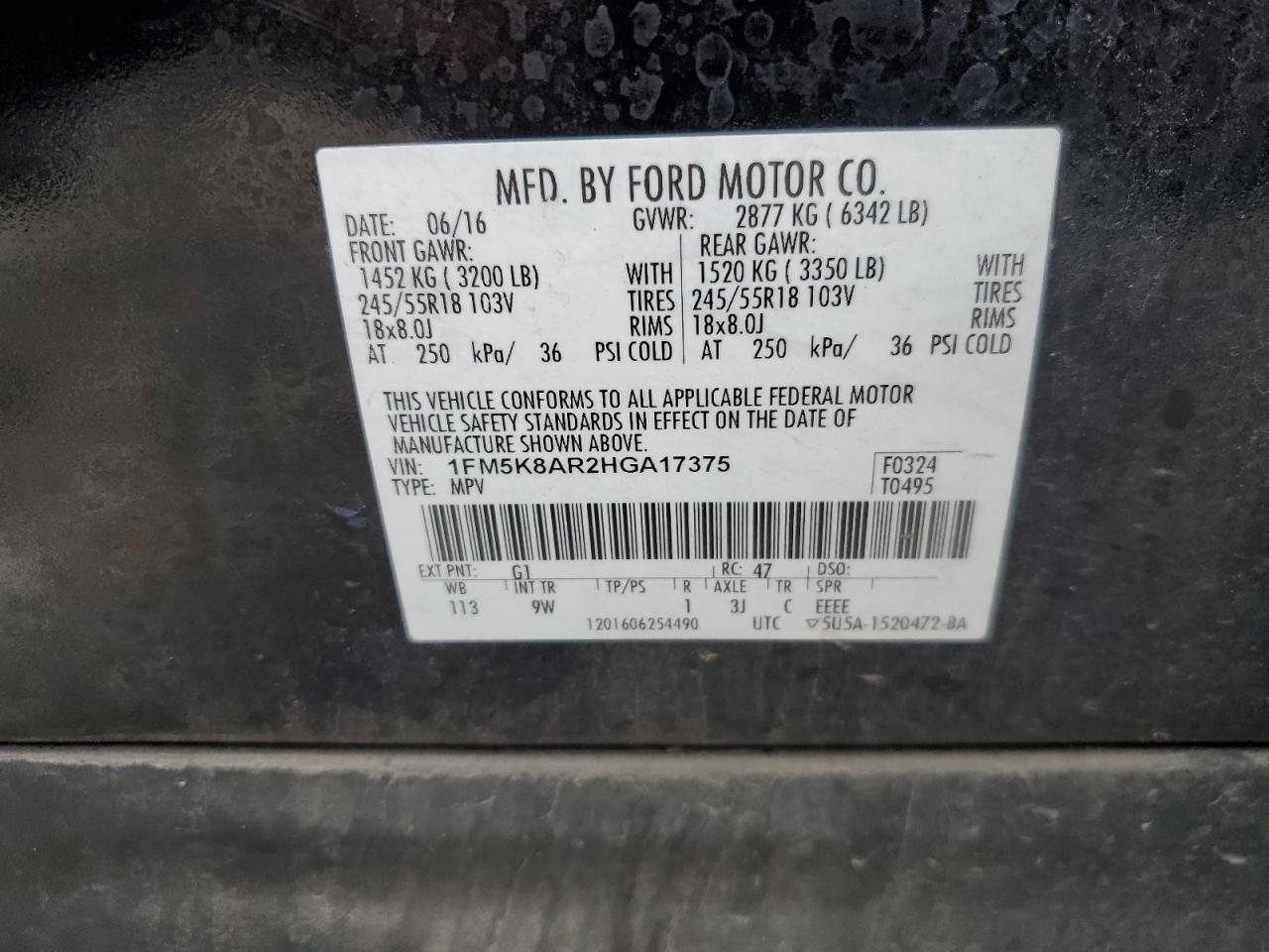1FM5K8AR2HGA17375 FORD EXPLORER 2017