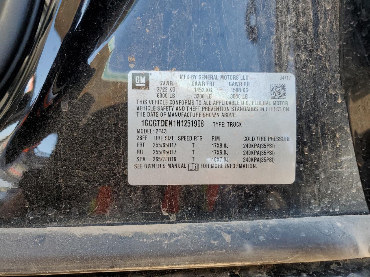 1GCGTDEN1H1251908 CHEVROLET COLORADO 2017