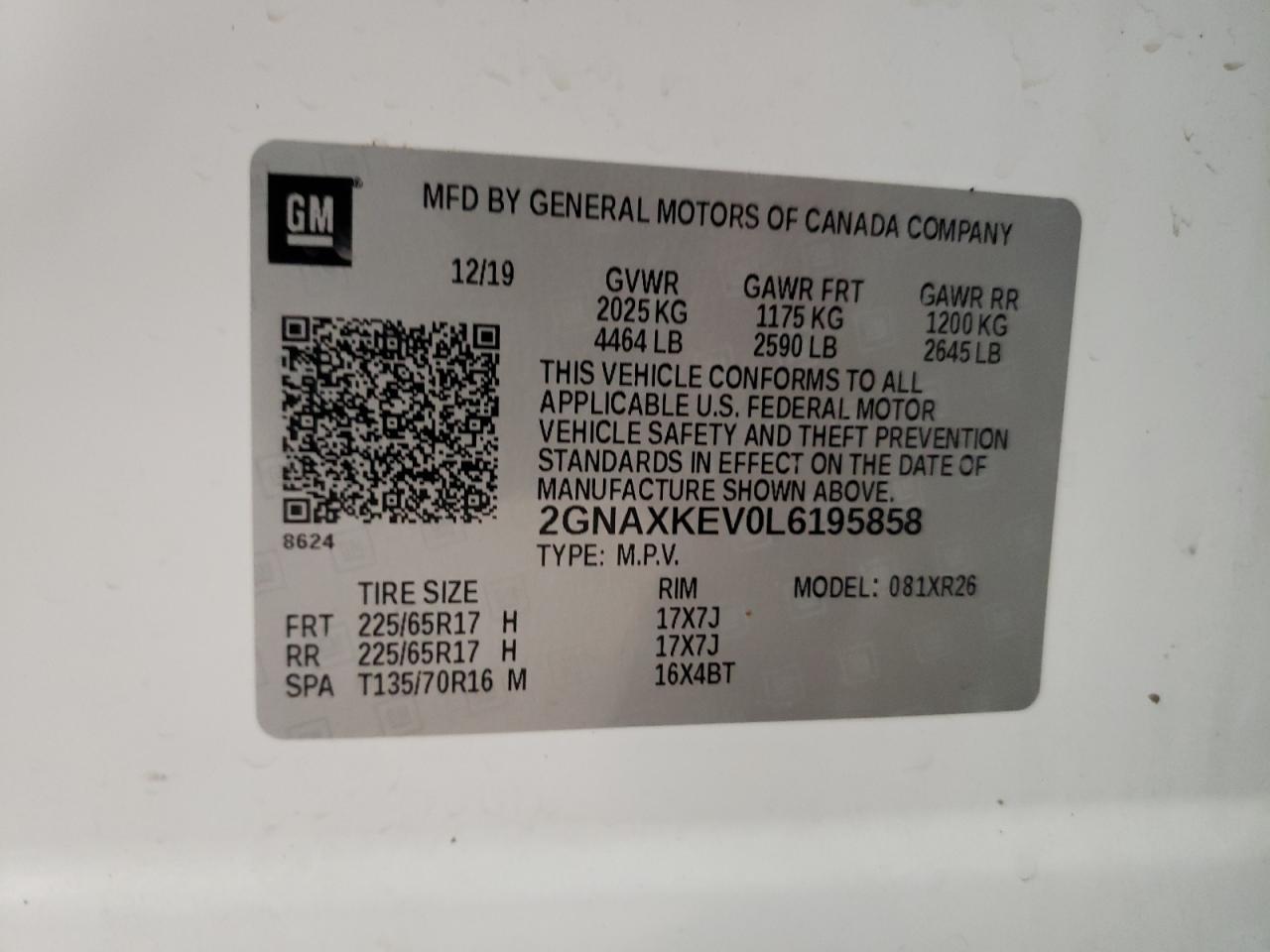 2GNAXKEV0L6195858 CHEVROLET EQUINOX 2020
