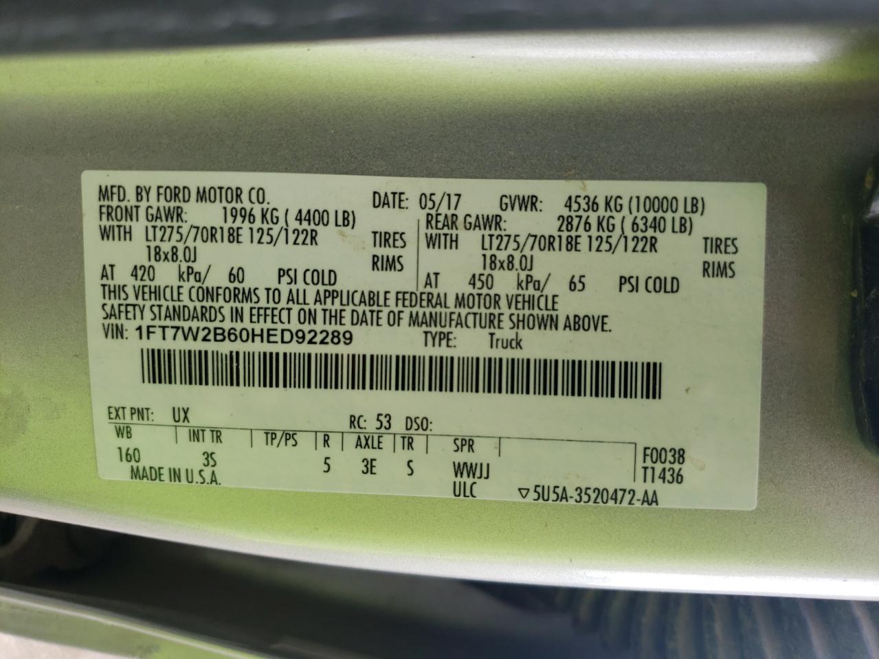 1FT7W2B60HED92289 FORD F250 2017