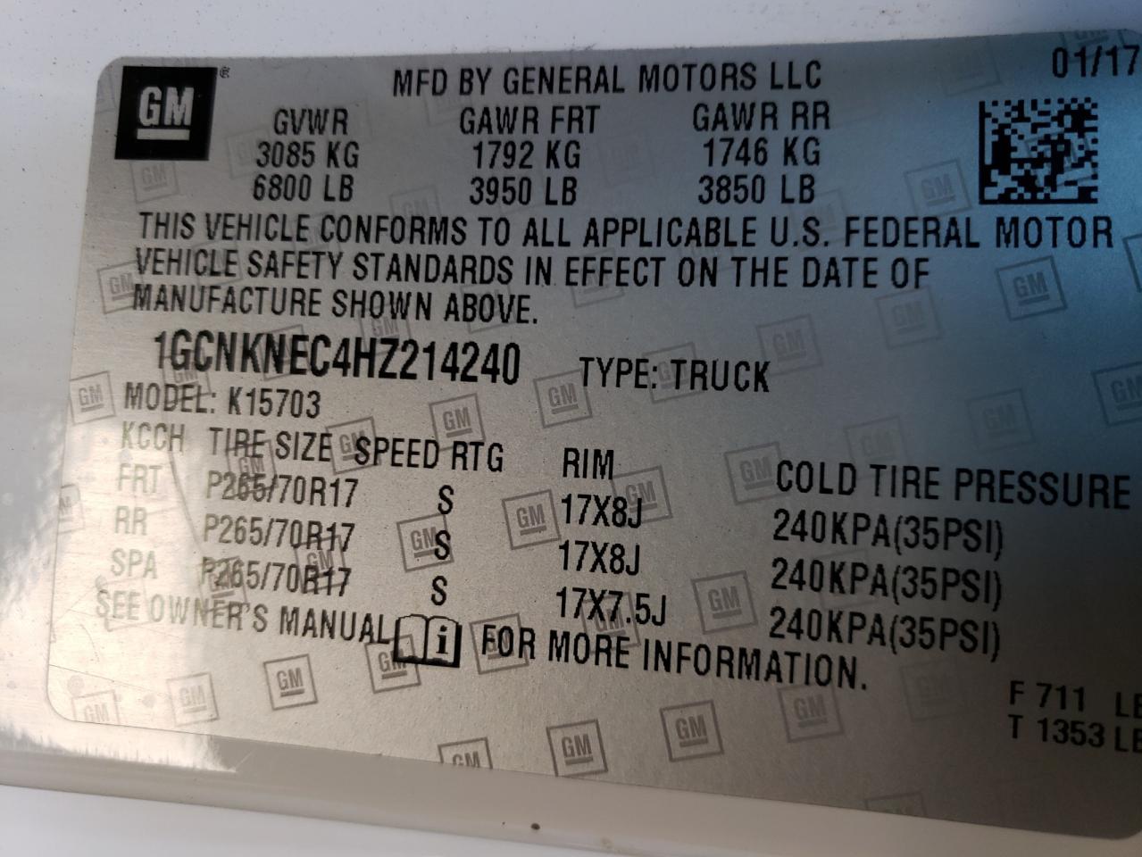 1GCNKNEC4HZ214240 CHEVROLET ALL Models 2017
