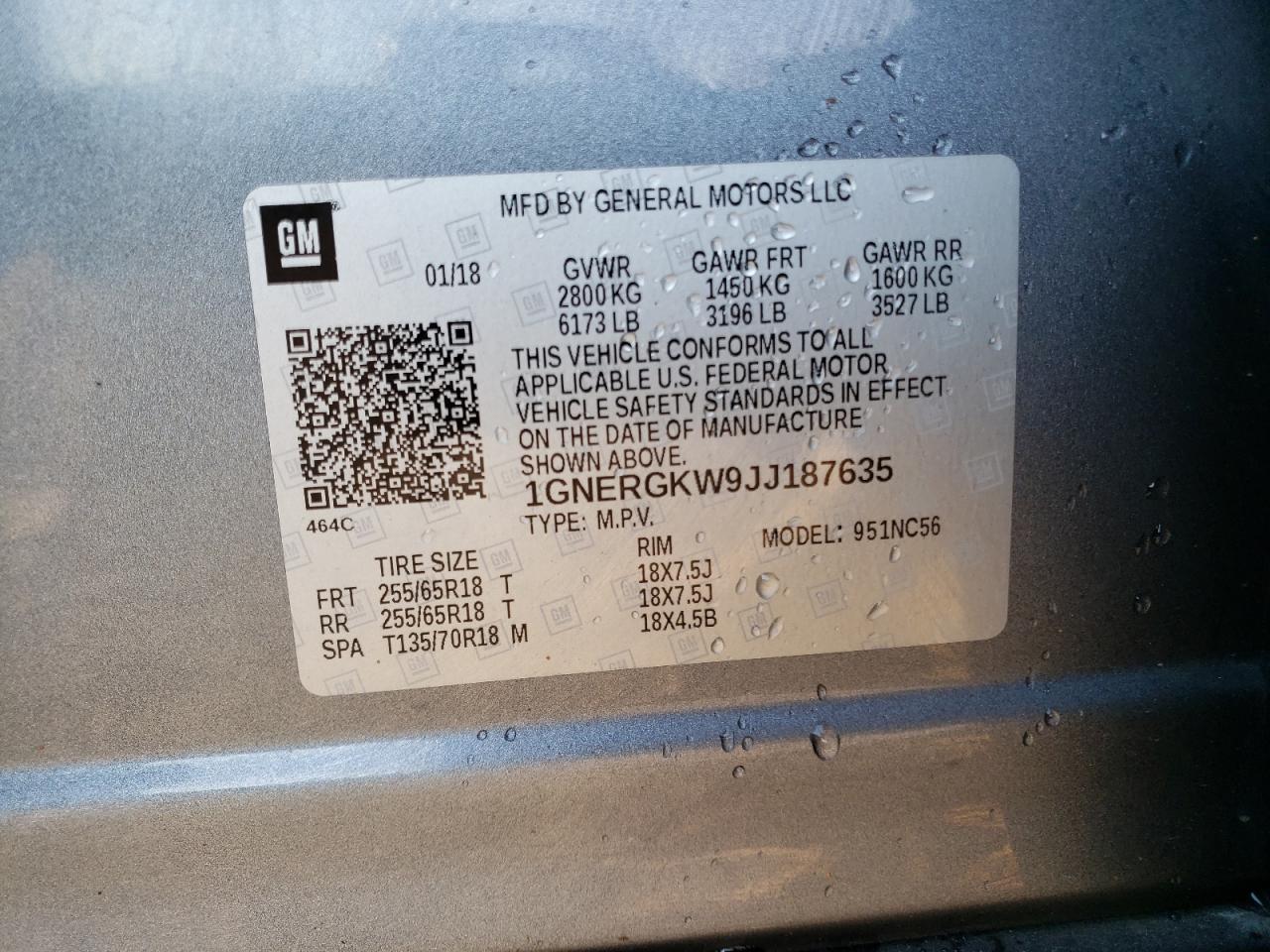 1GNERGKW9JJ187635 CHEVROLET TRAVERSE 2018