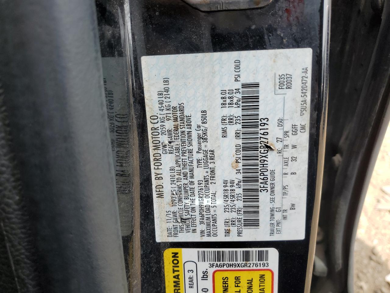 3FA6P0H9XGR276193 FORD FUSION 2016
