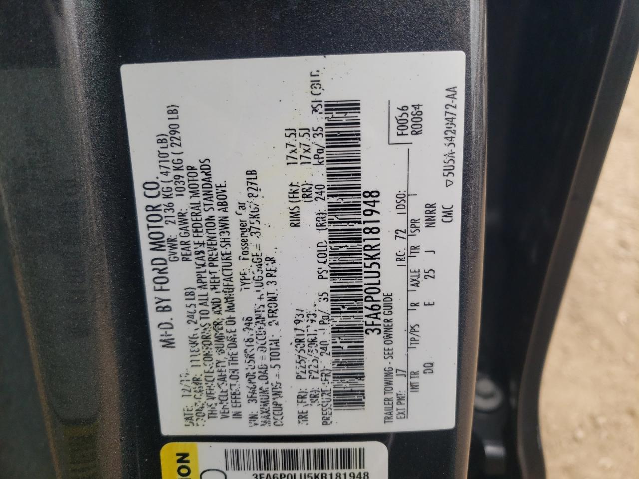 3FA6P0LU5KR181948 FORD FUSION 2019
