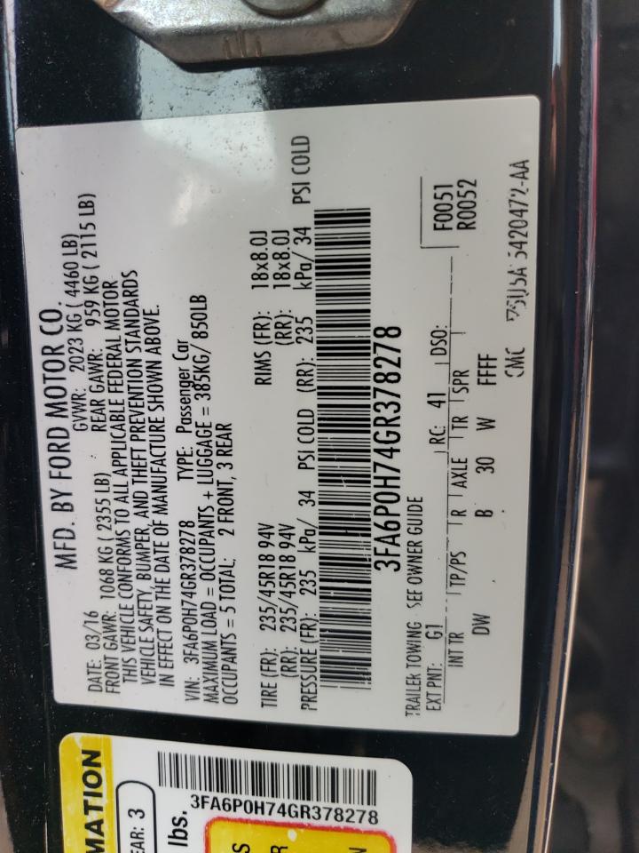 3FA6P0H74GR378278 FORD FUSION 2016
