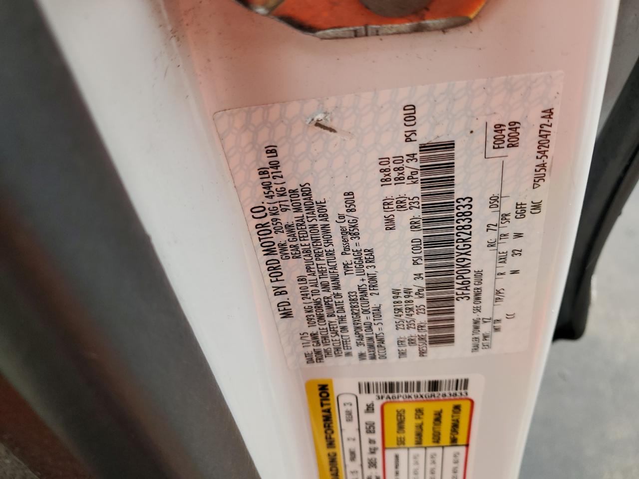 3FA6P0K9XGR283833 FORD FUSION 2016