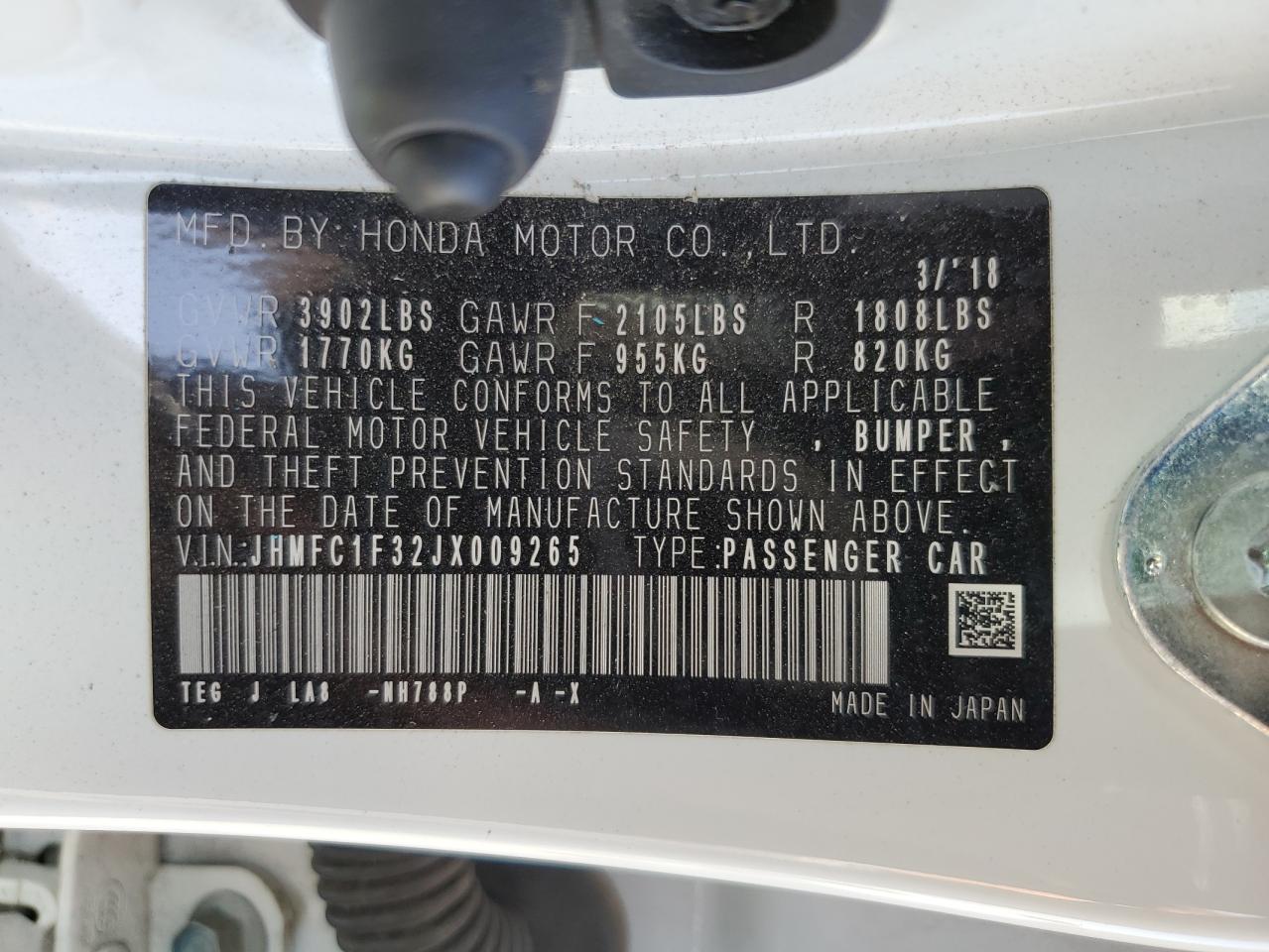 JHMFC1F32JX009265 HONDA CIVIC 2018