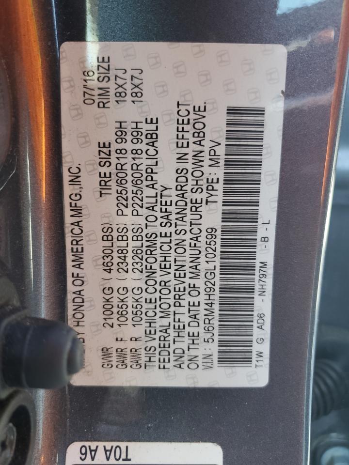 5J6RM4H92GL102599 HONDA CRV 2016