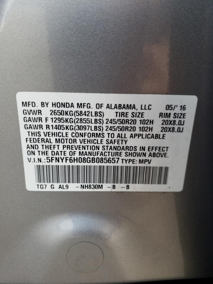 5FNYF6H08GB085657 HONDA PILOT 2016