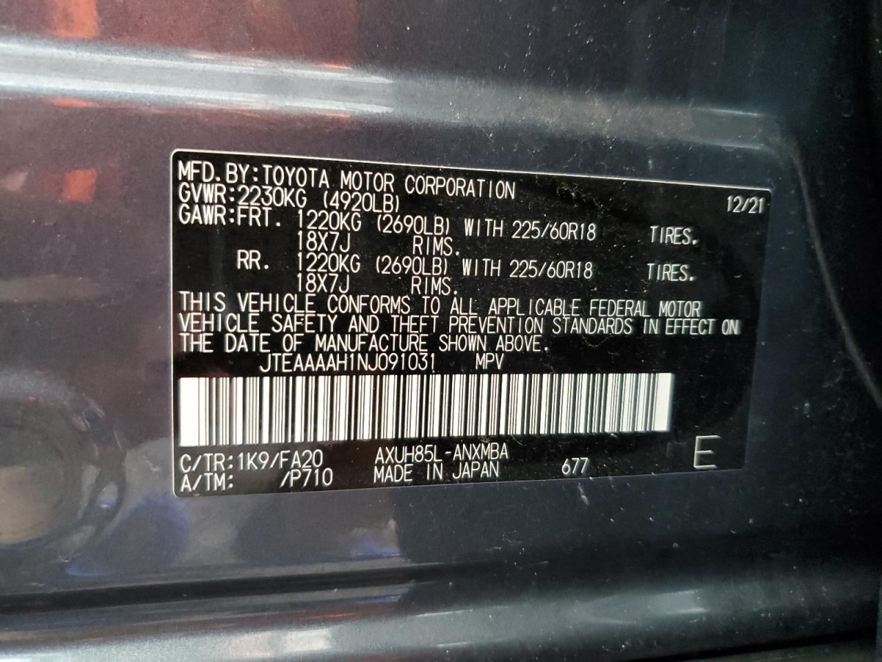 JTEAAAAH1NJ091031 TOYOTA VENZA 2022
