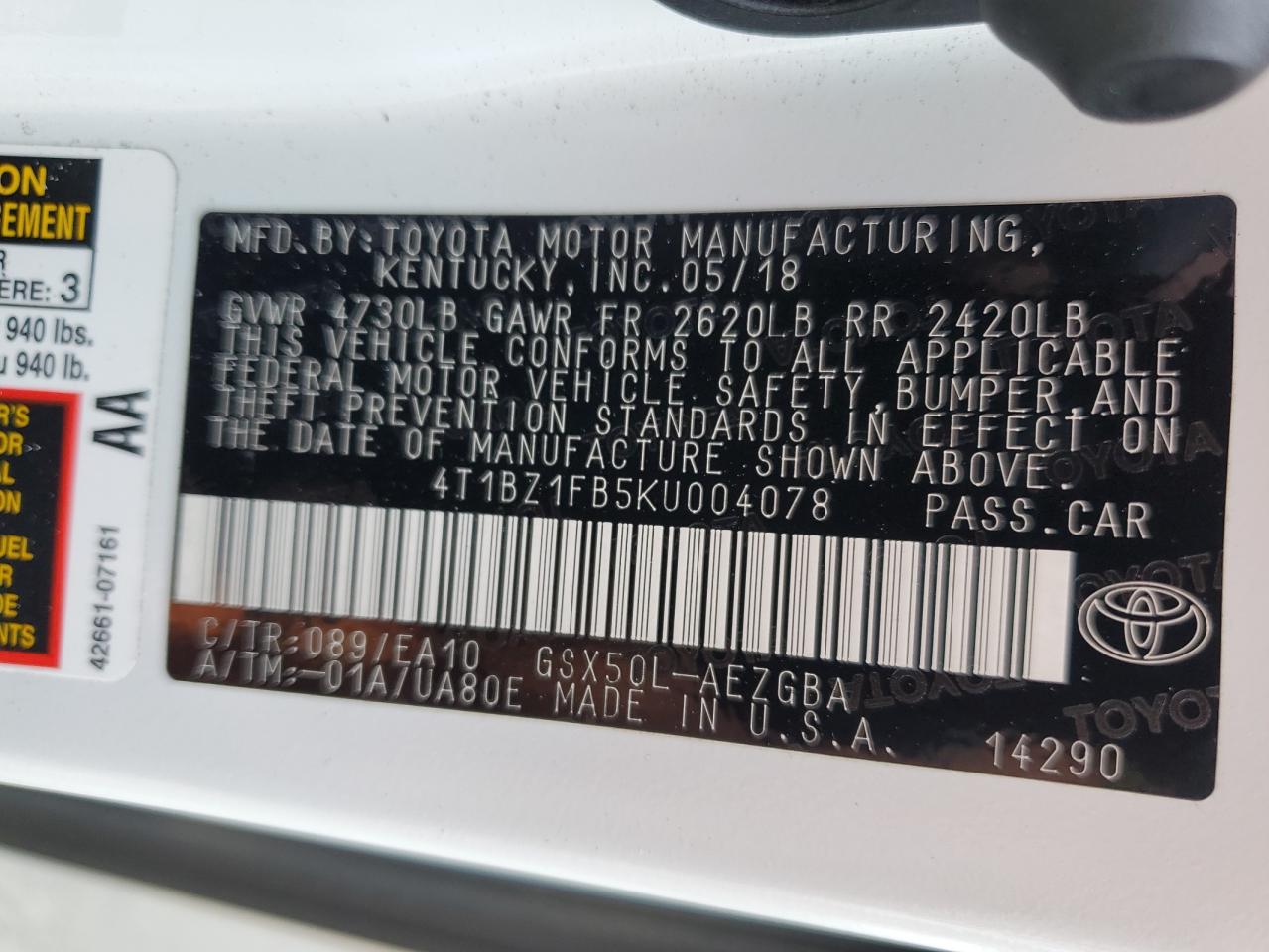 4T1BZ1FB5KU004078 TOYOTA AVALON 2019