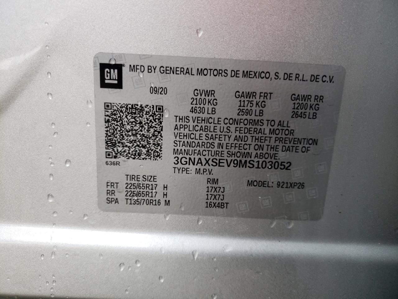 3GNAXSEV9MS103052 CHEVROLET EQUINOX 2021