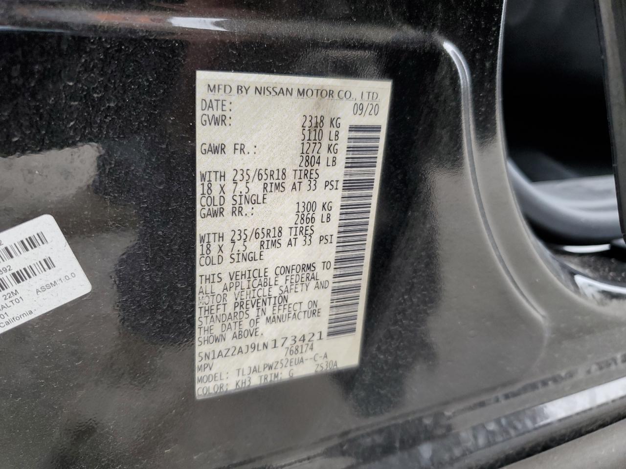 5N1AZ2AJ9LN173421 NISSAN MURANO 2020