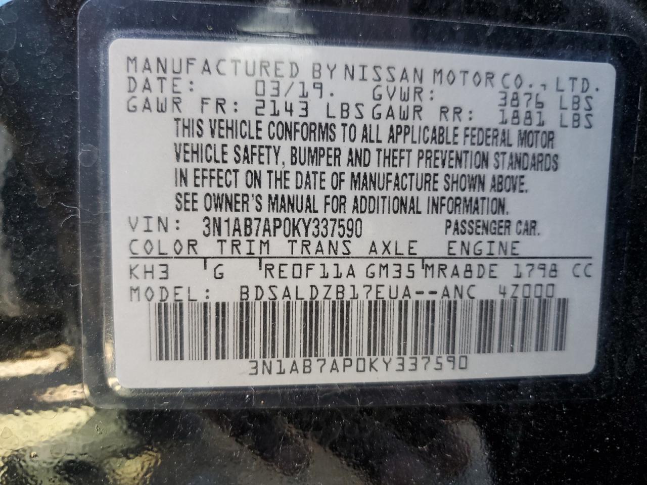 3N1AB7AP0KY337590 NISSAN SENTRA 2019