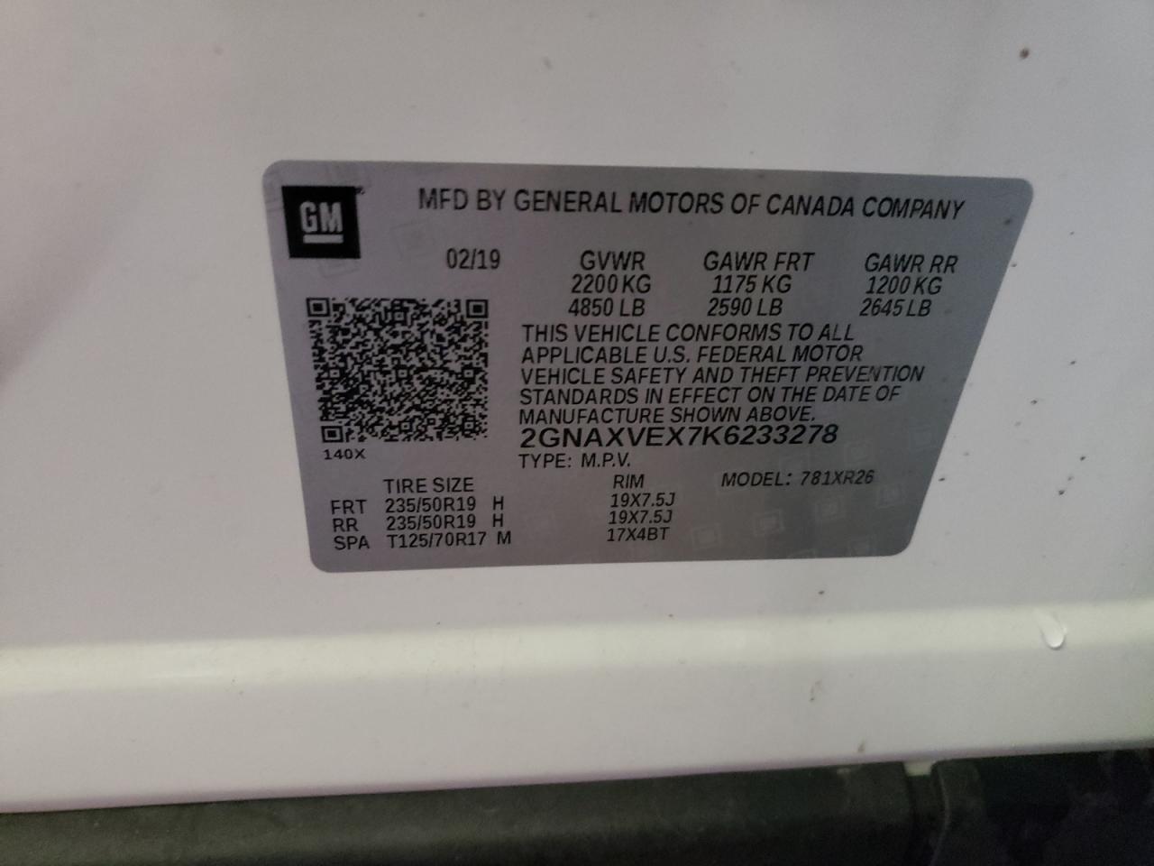 2GNAXVEX7K6233278 CHEVROLET EQUINOX 2019