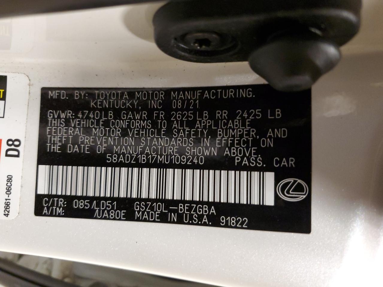 58ADZ1B17MU109240 LEXUS ES350 2021