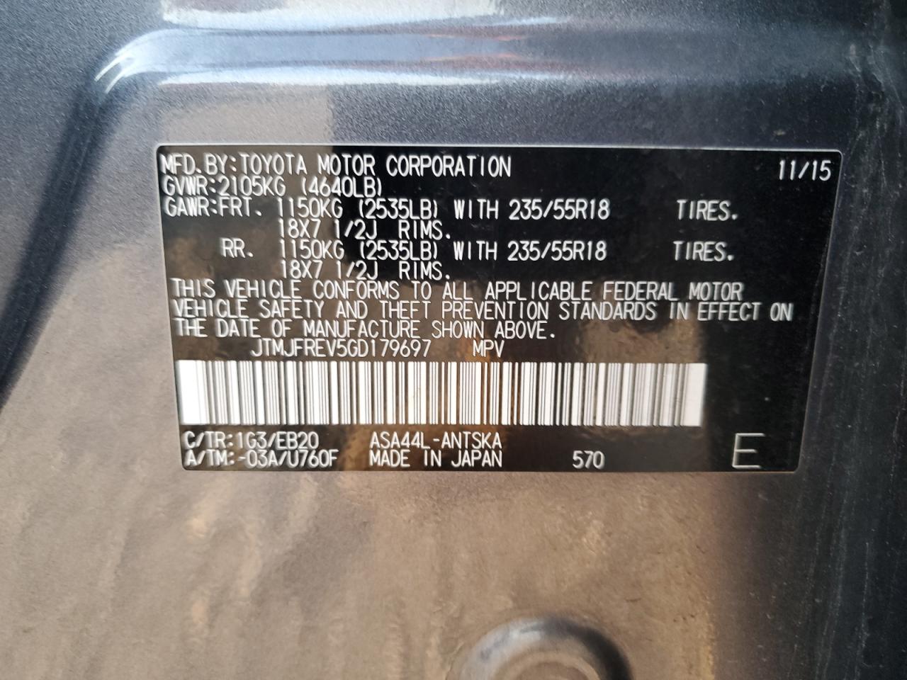 JTMJFREV5GD179697 TOYOTA RAV4 2016