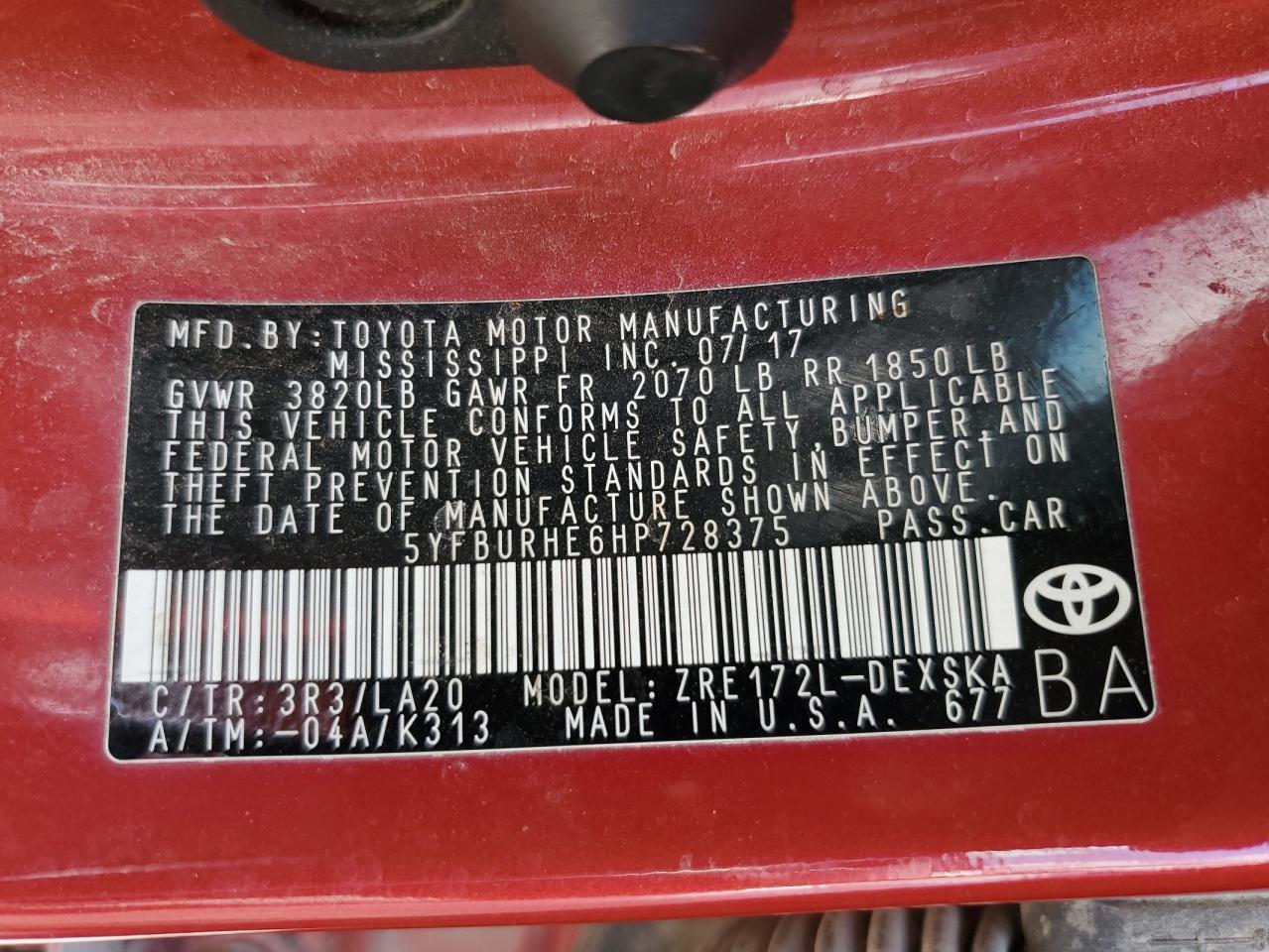 5YFBURHE6HP728375 TOYOTA COROLLA 2017
