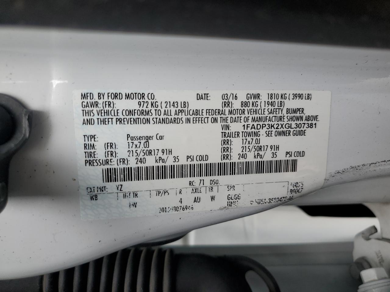 1FADP3K2XGL307381 FORD FOCUS 2016