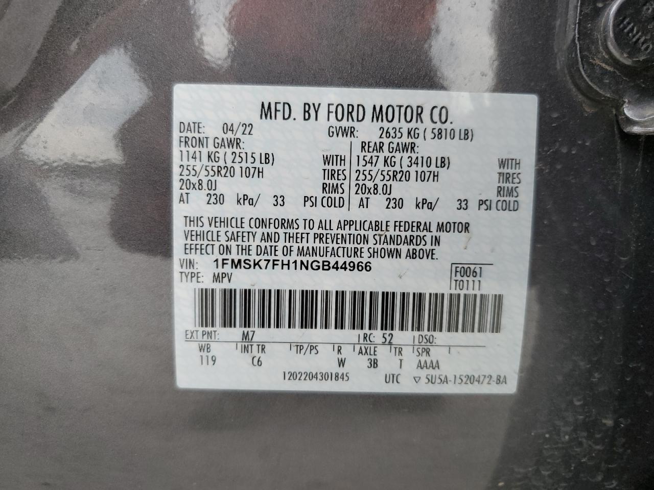 1FMSK7FH1NGB44966 FORD EXPLORER 2022