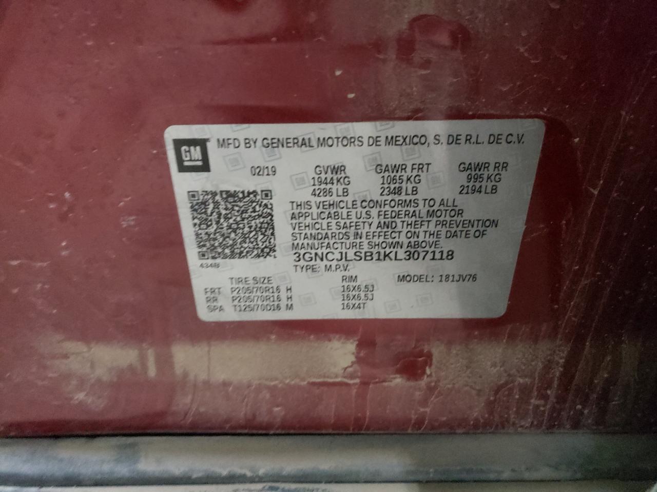 3GNCJLSB1KL307118 CHEVROLET TRAX 2019
