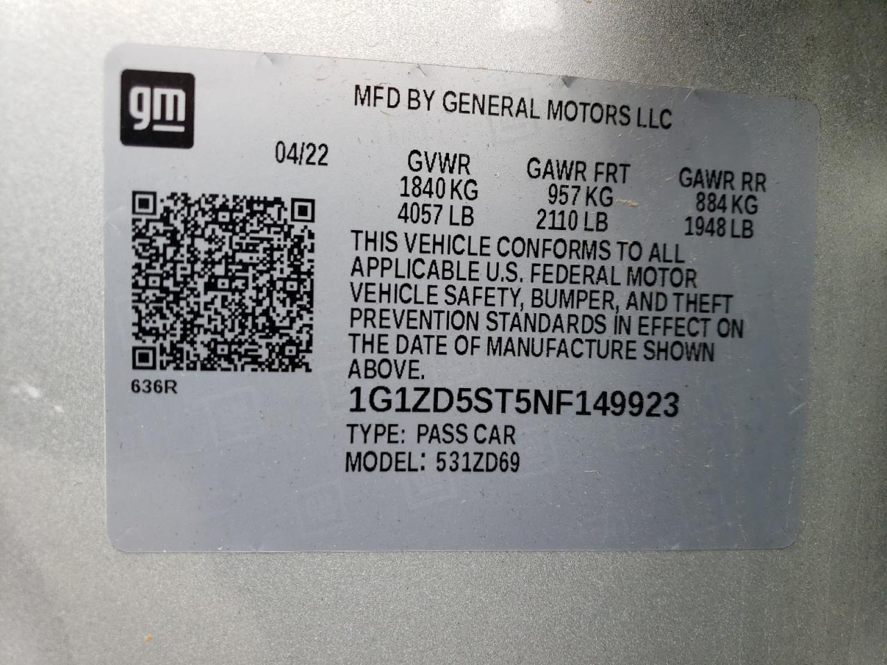 1G1ZD5ST5NF149923 CHEVROLET MALIBU 2022