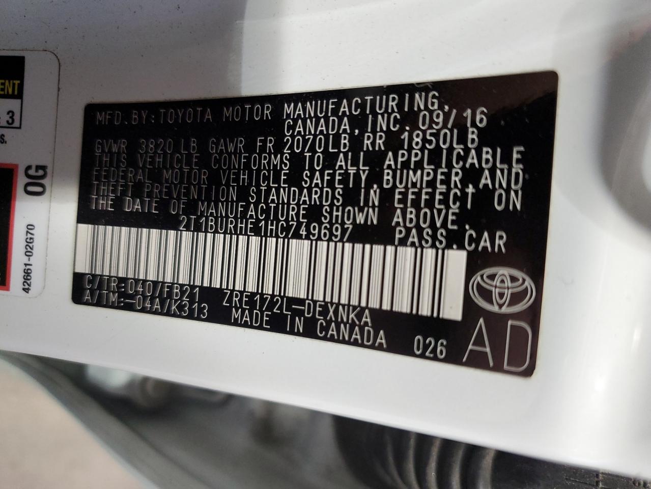 2T1BURHE1HC749697 TOYOTA COROLLA 2017