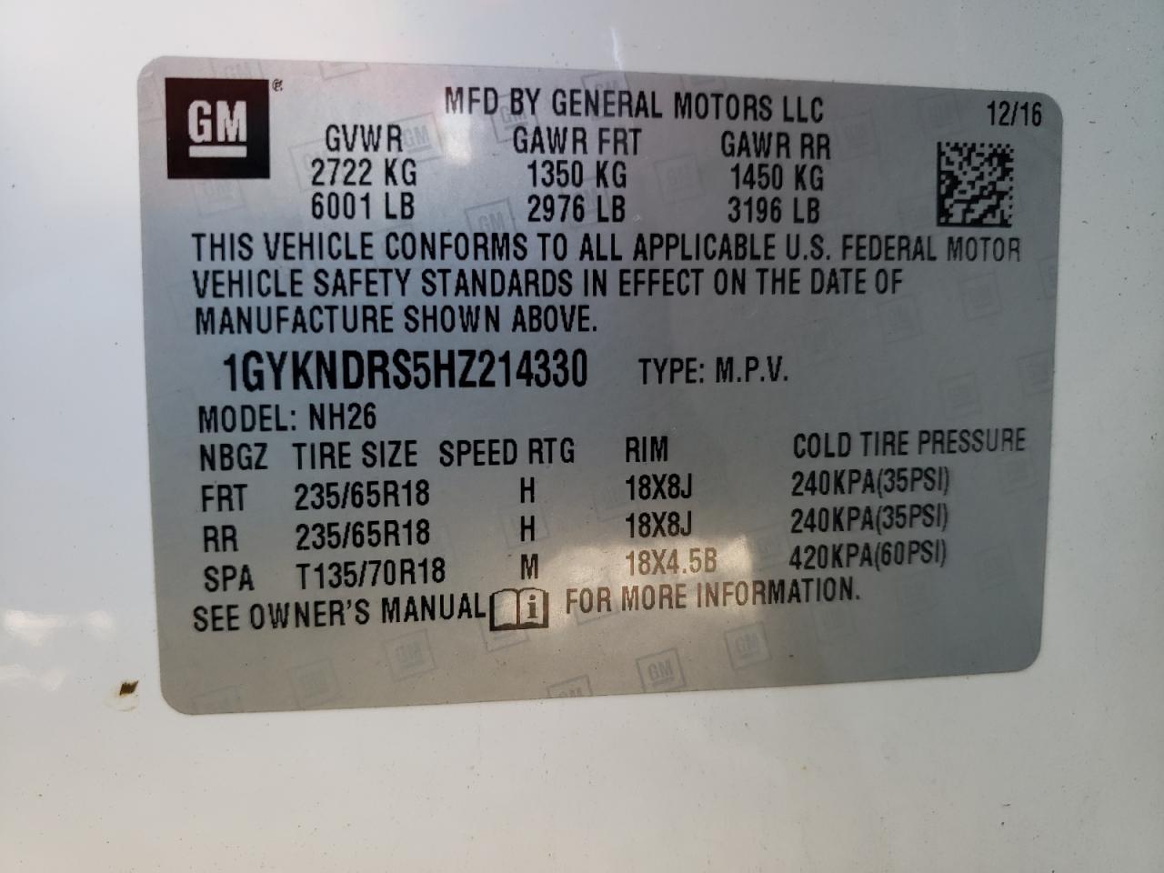 1GYKNDRS5HZ214330 2017 Cadillac Xt5 Luxury