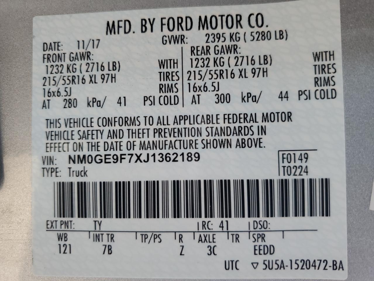NM0GE9F7XJ1362189 FORD TRANSIT 2018