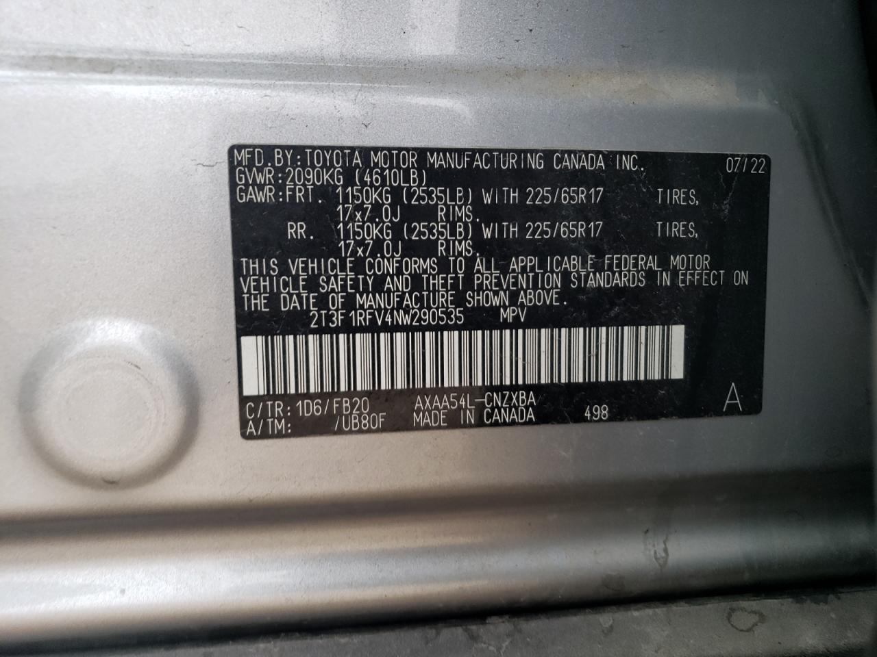 2T3F1RFV4NW290535 TOYOTA RAV4 2022