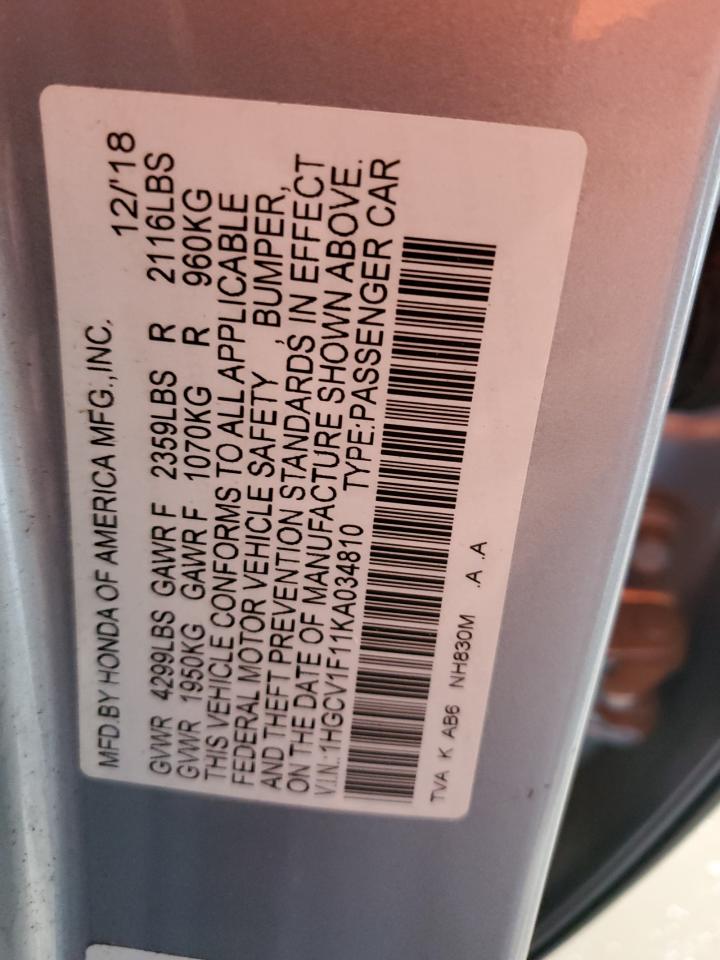 1HGCV1F11KA034810 2019 Honda Accord Lx