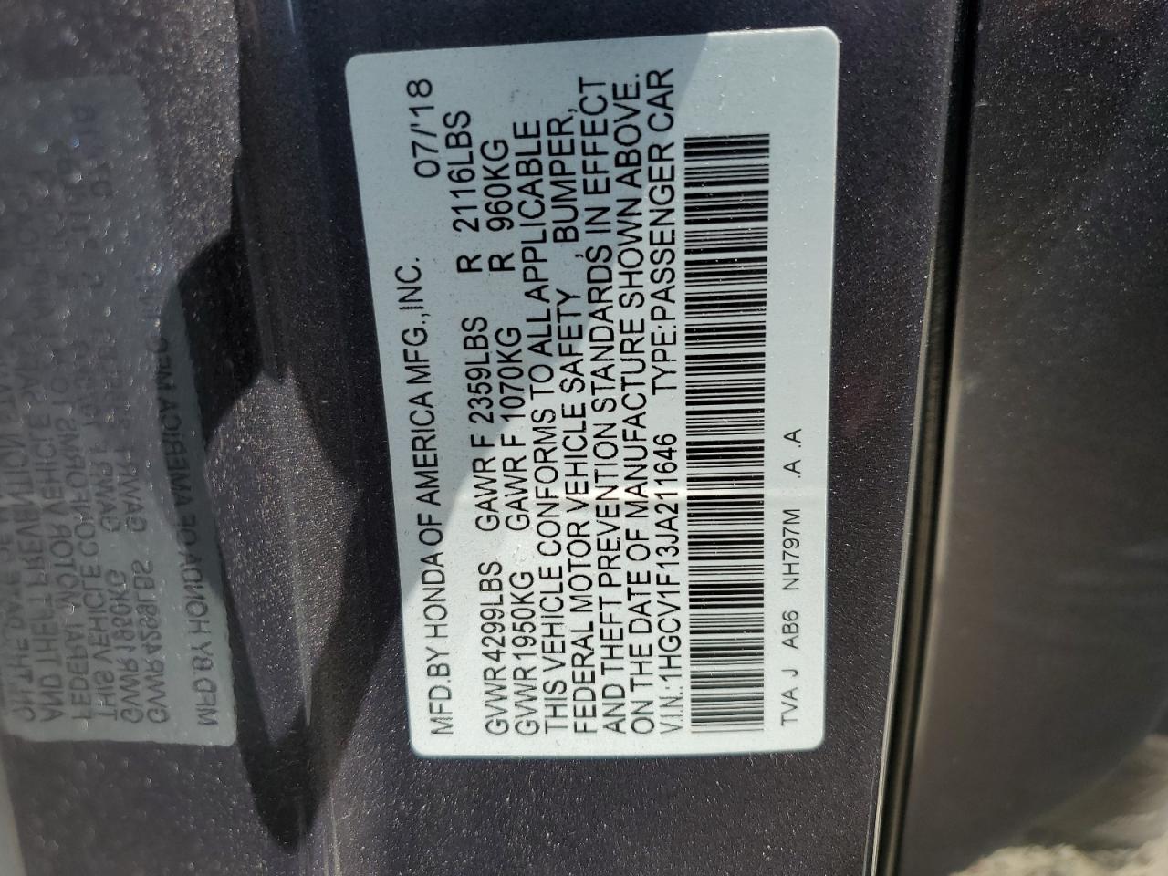 1HGCV1F13JA211646 HONDA ACCORD 2018