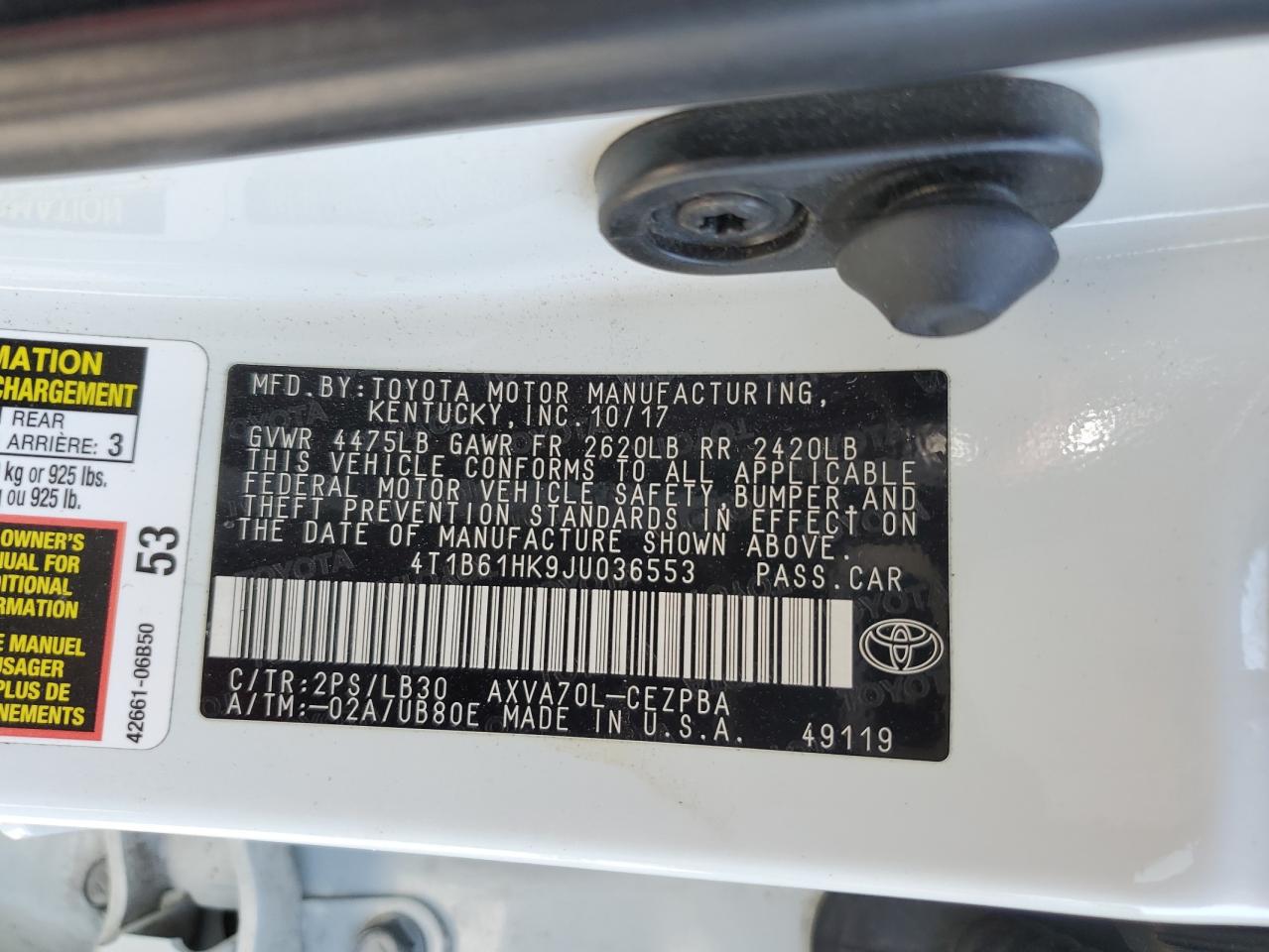 4T1B61HK9JU036553 TOYOTA CAMRY 2018