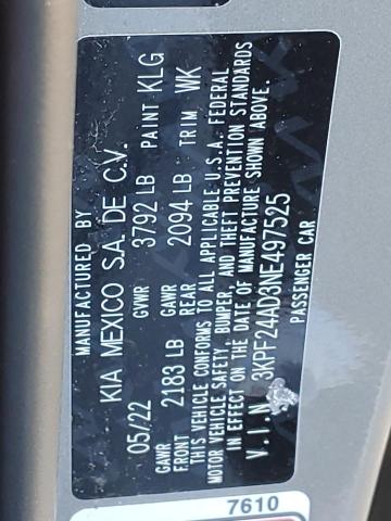 3KPF24AD3NE497525 KIA FORTE FE