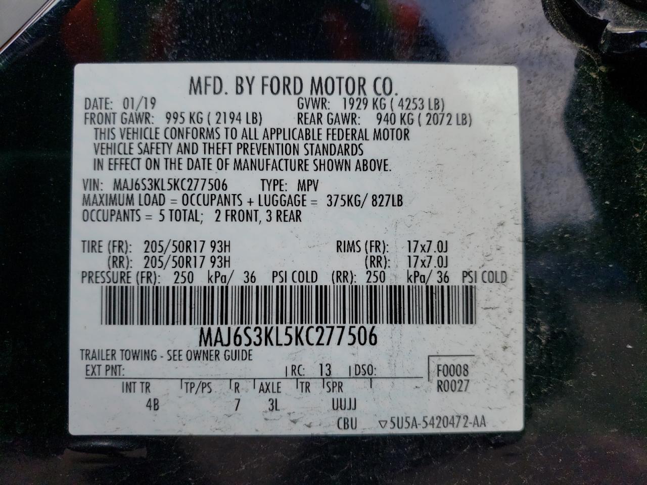 MAJ6S3KL5KC277506 FORD ECOSPORT 2019