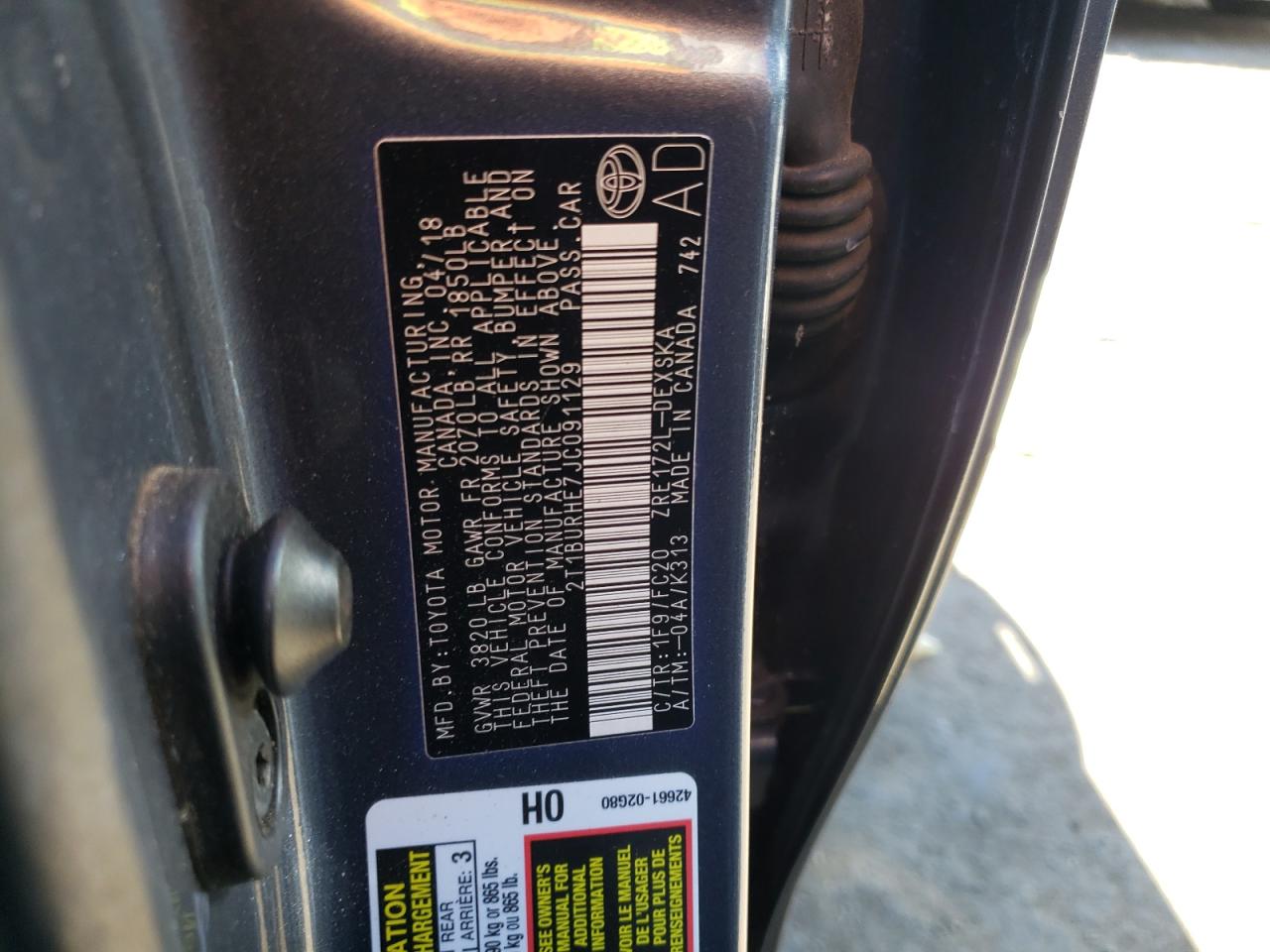 2T1BURHE7JC091129 TOYOTA COROLLA 2018