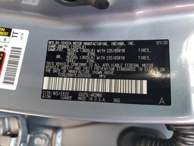 VIN 5TDGZRBH1LS005690 2020 Toyota Highlander, Xle no.12