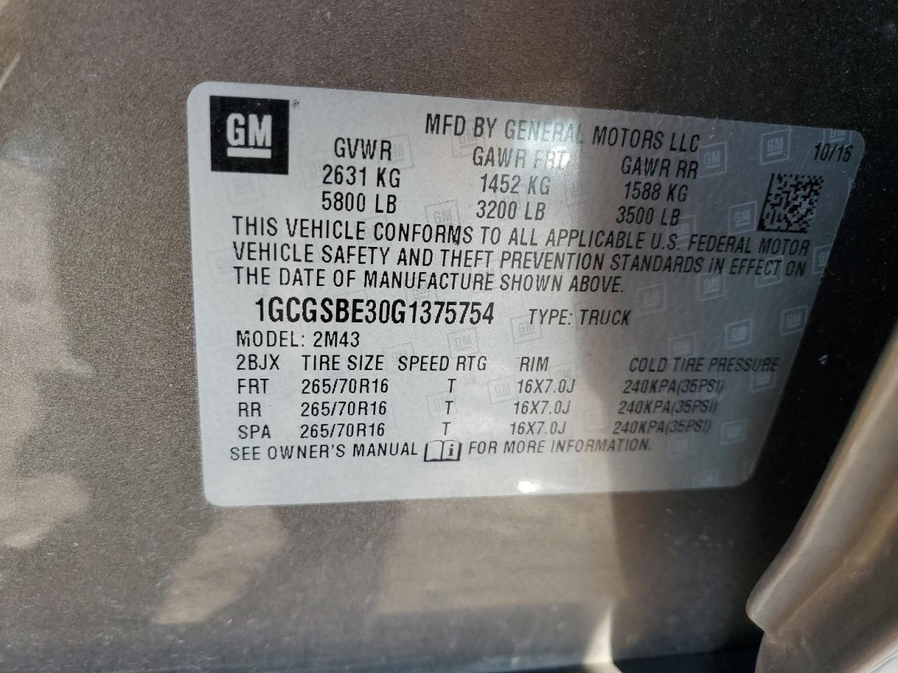 1GCGSBE30G1375754 CHEVROLET COLORADO 2016