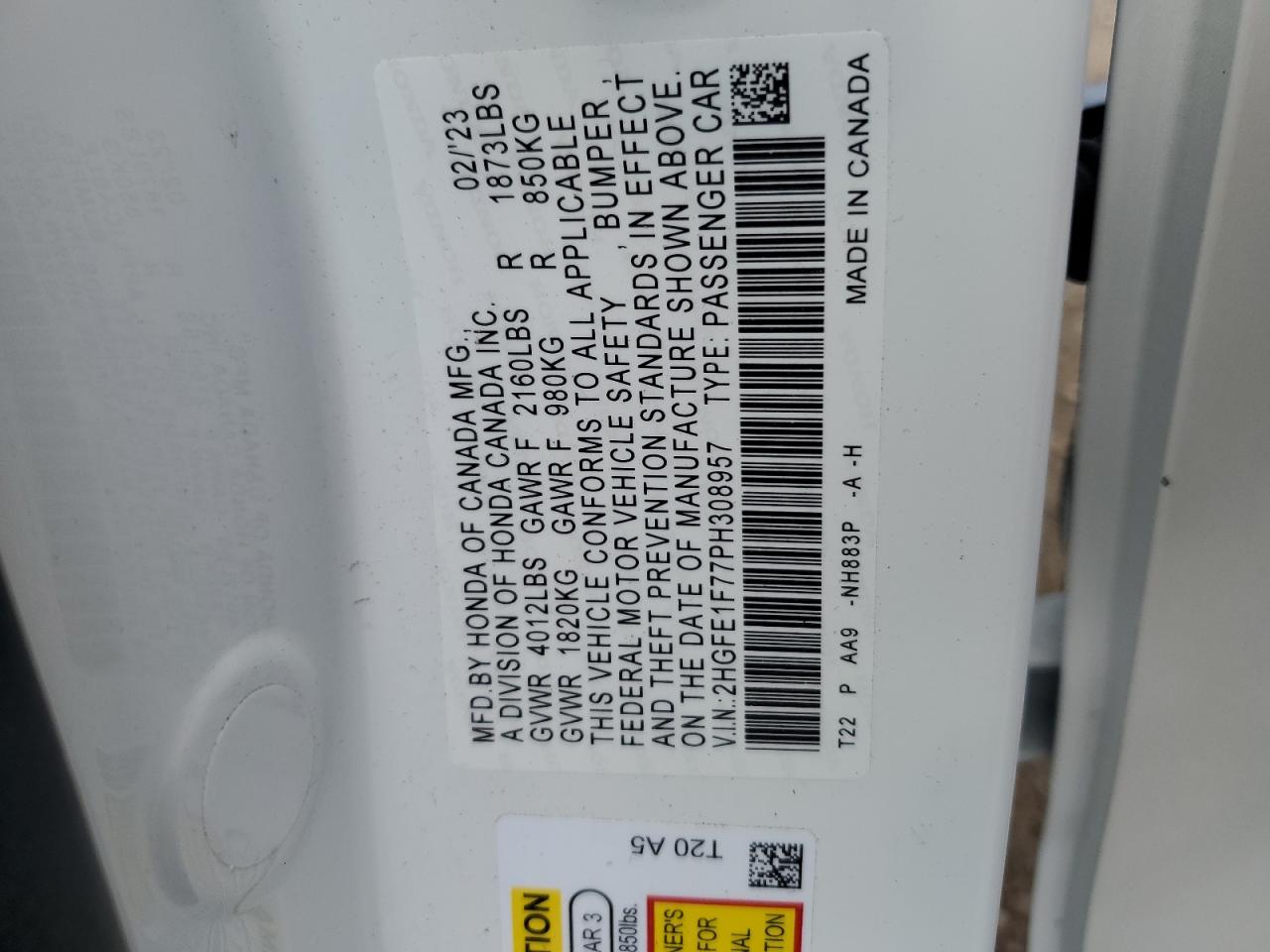 2HGFE1F77PH308957 HONDA CIVIC 2023