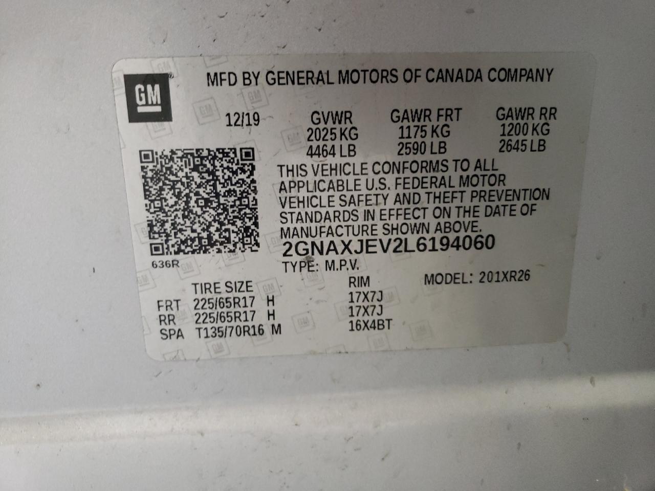 2GNAXJEV2L6194060 CHEVROLET EQUINOX 2020