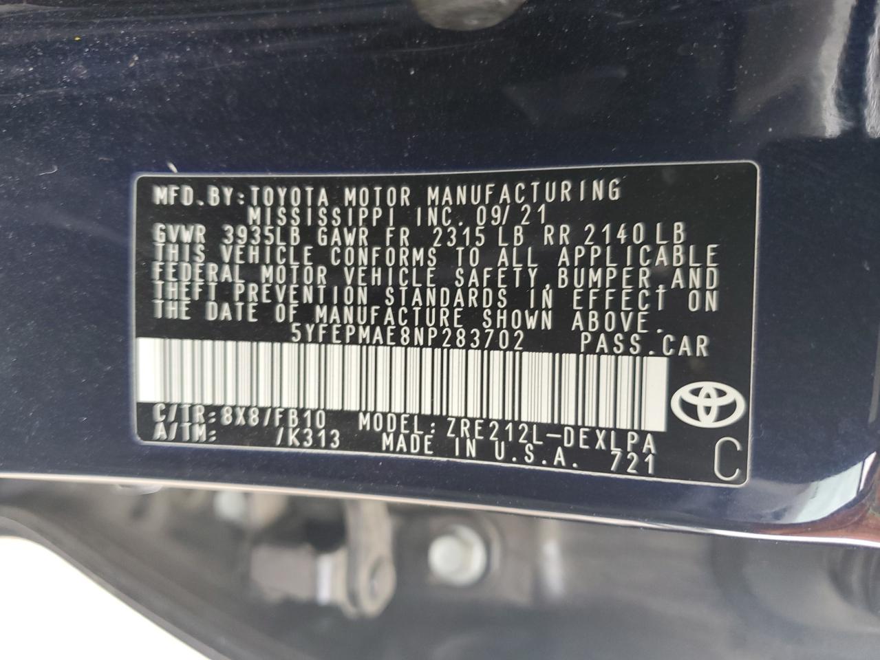 5YFEPMAE8NP283702 TOYOTA COROLLA 2022