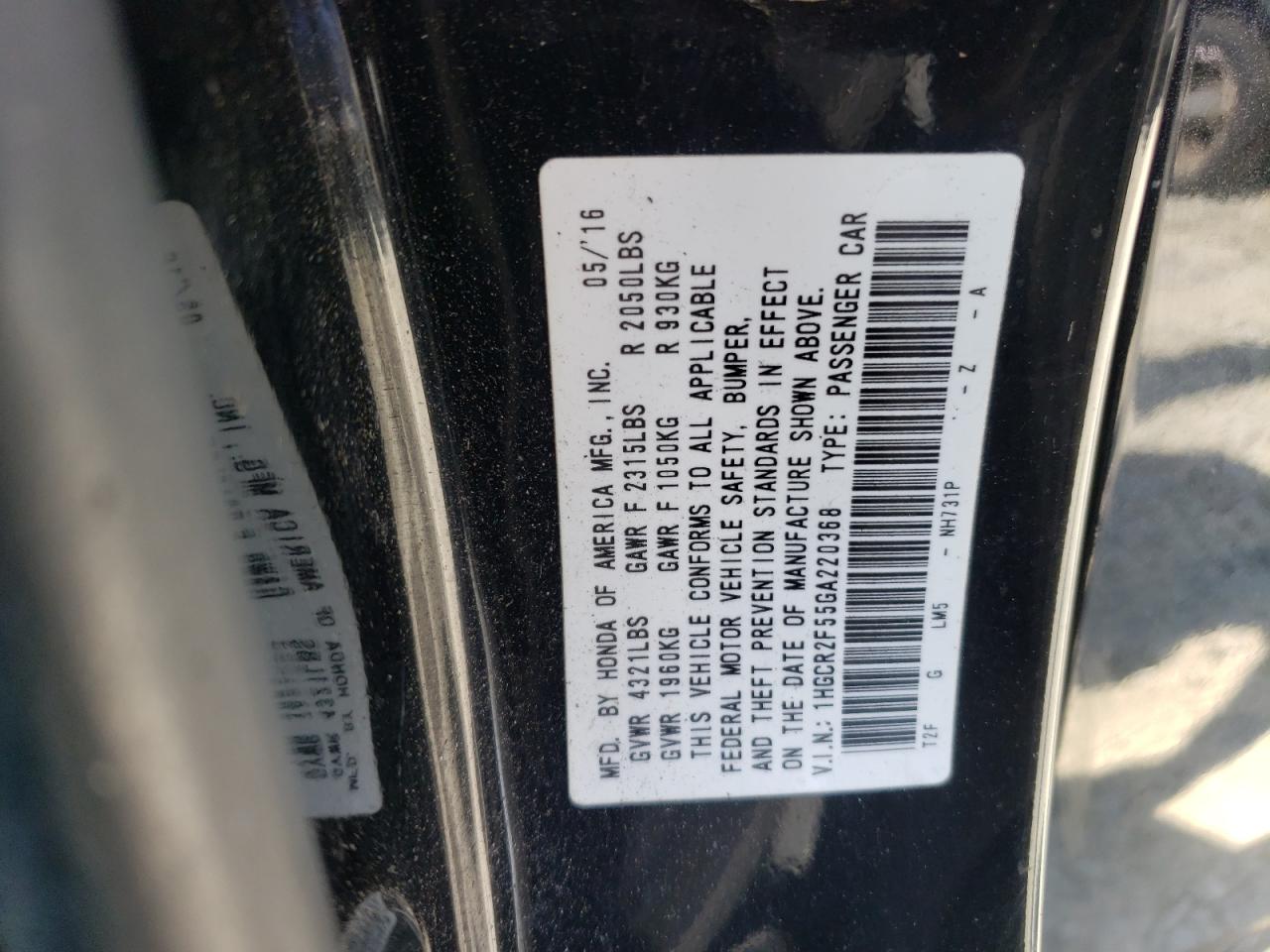 1HGCR2F55GA220368 HONDA ACCORD 2016
